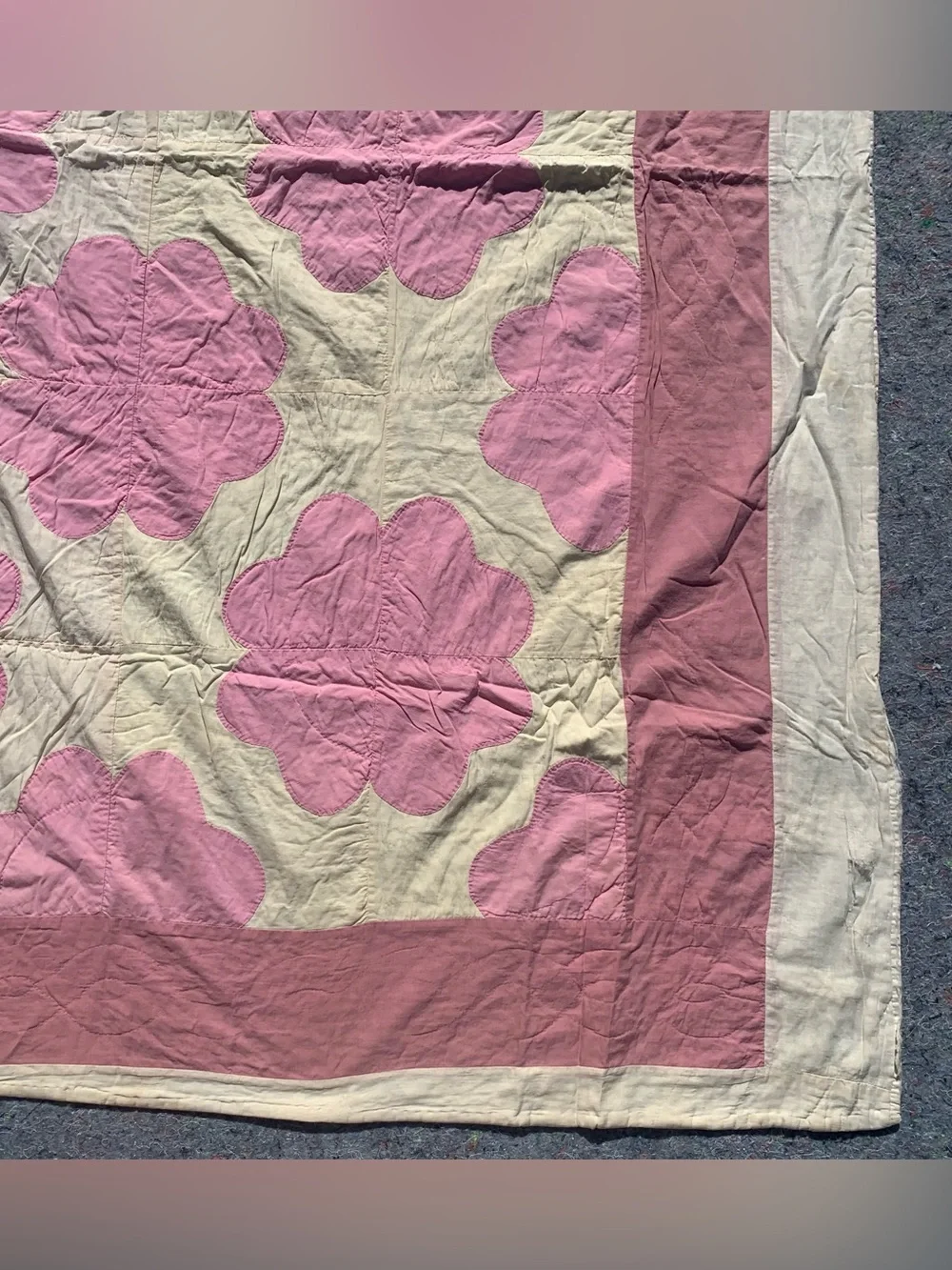 Antique pink & cream white floral patchwork cotton quilt